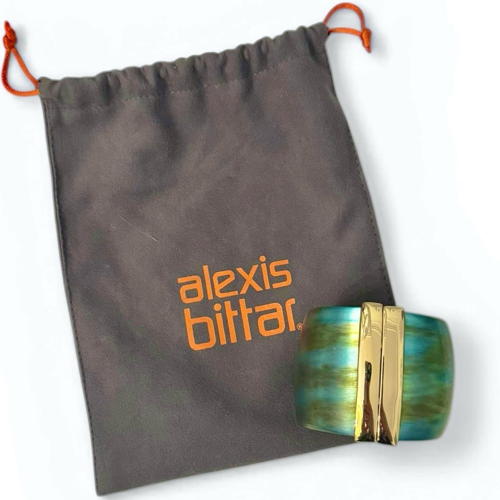 Alexis Bittar Teal Lucite and 14k Gold Plated Hinged Cuff Bracelet and Dustbag